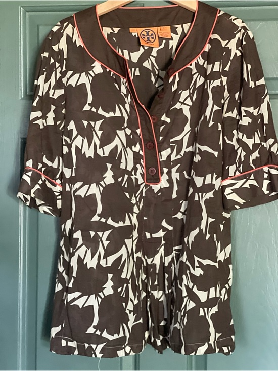 Tory Burch Tops - Tory Burch Brown & Cream Printed Long-Sleeve Tunic with Coral Trim